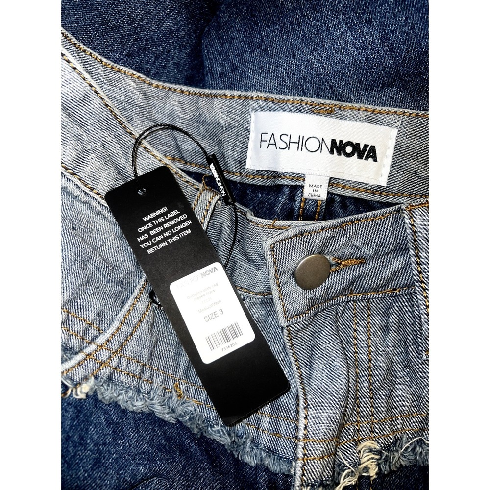 Fashion Nova Two Tone Double Waistband Distressed Wide Leg Jeans Medium Wash 3 - Picture 8 of 11